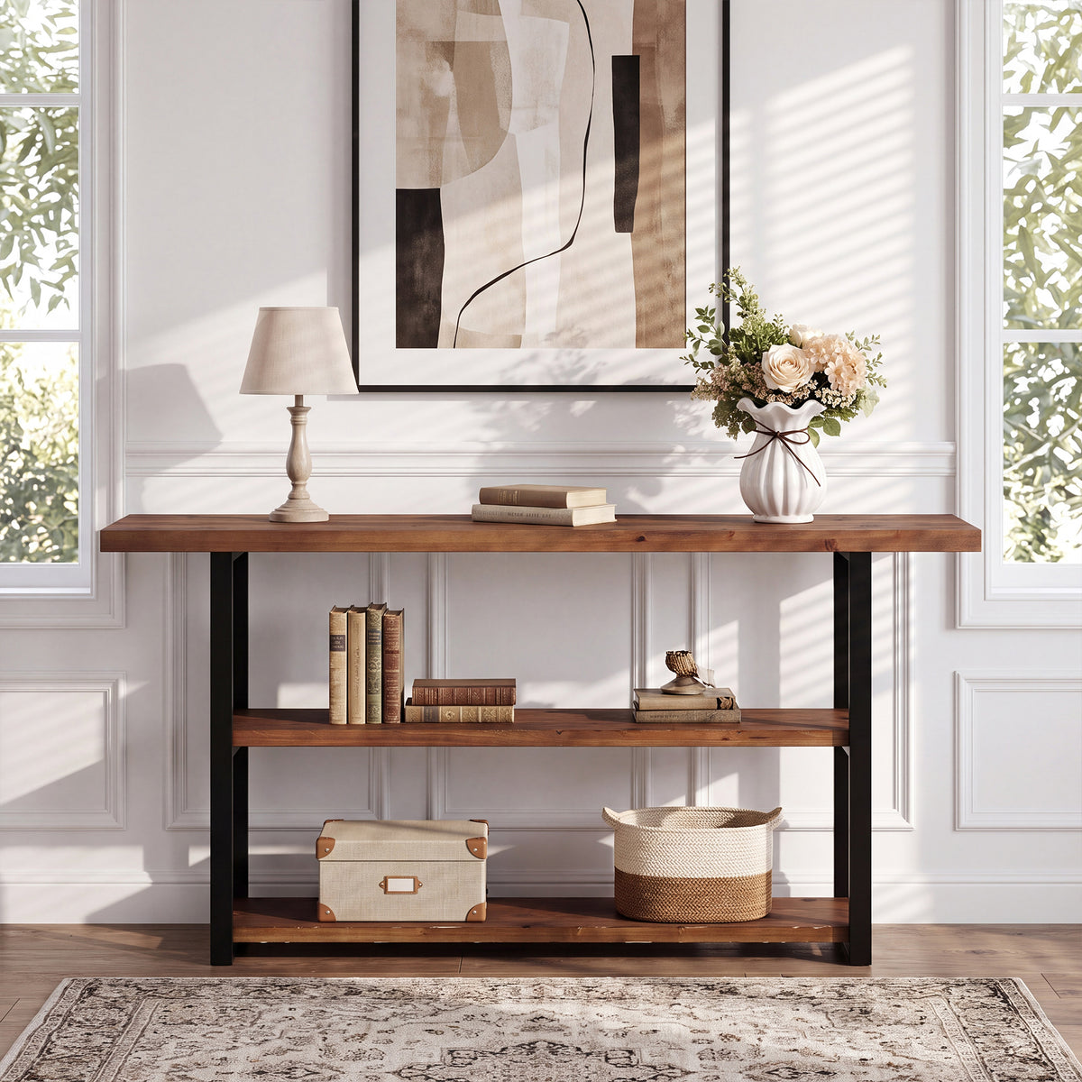 160cm Console Table, 3-Tier Solid Wood Narrow Sofa Table