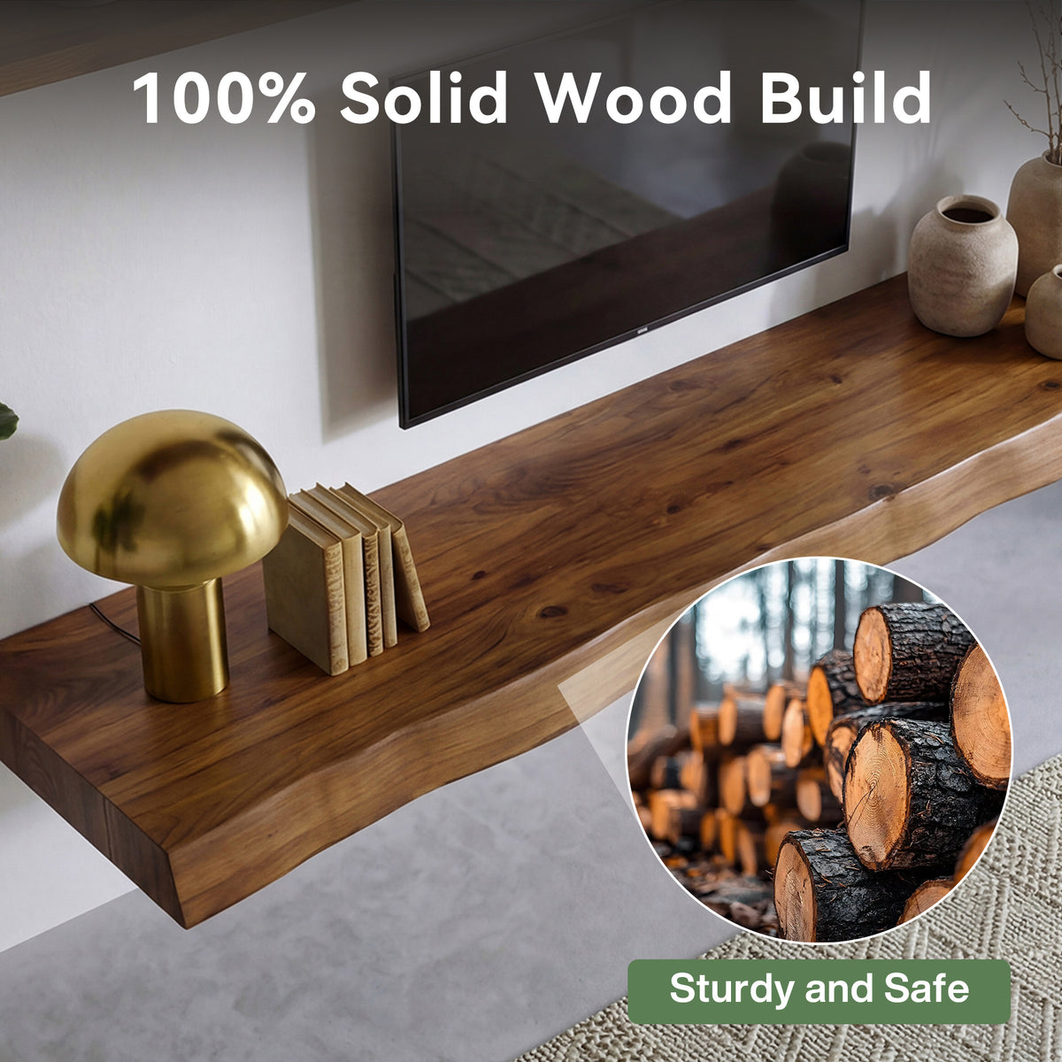 160cm Floating TV Stand, Solid Wood Wall-Mounted Media Console with Storage for 65-inch TVs