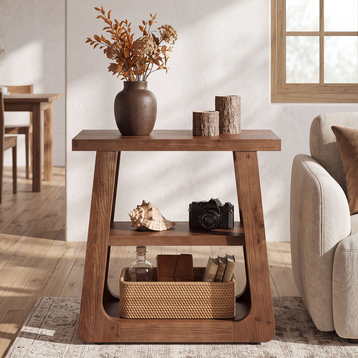 50cm Side Table, Farmhouse 3-Tier Solid Wood End Table for Small Spaces