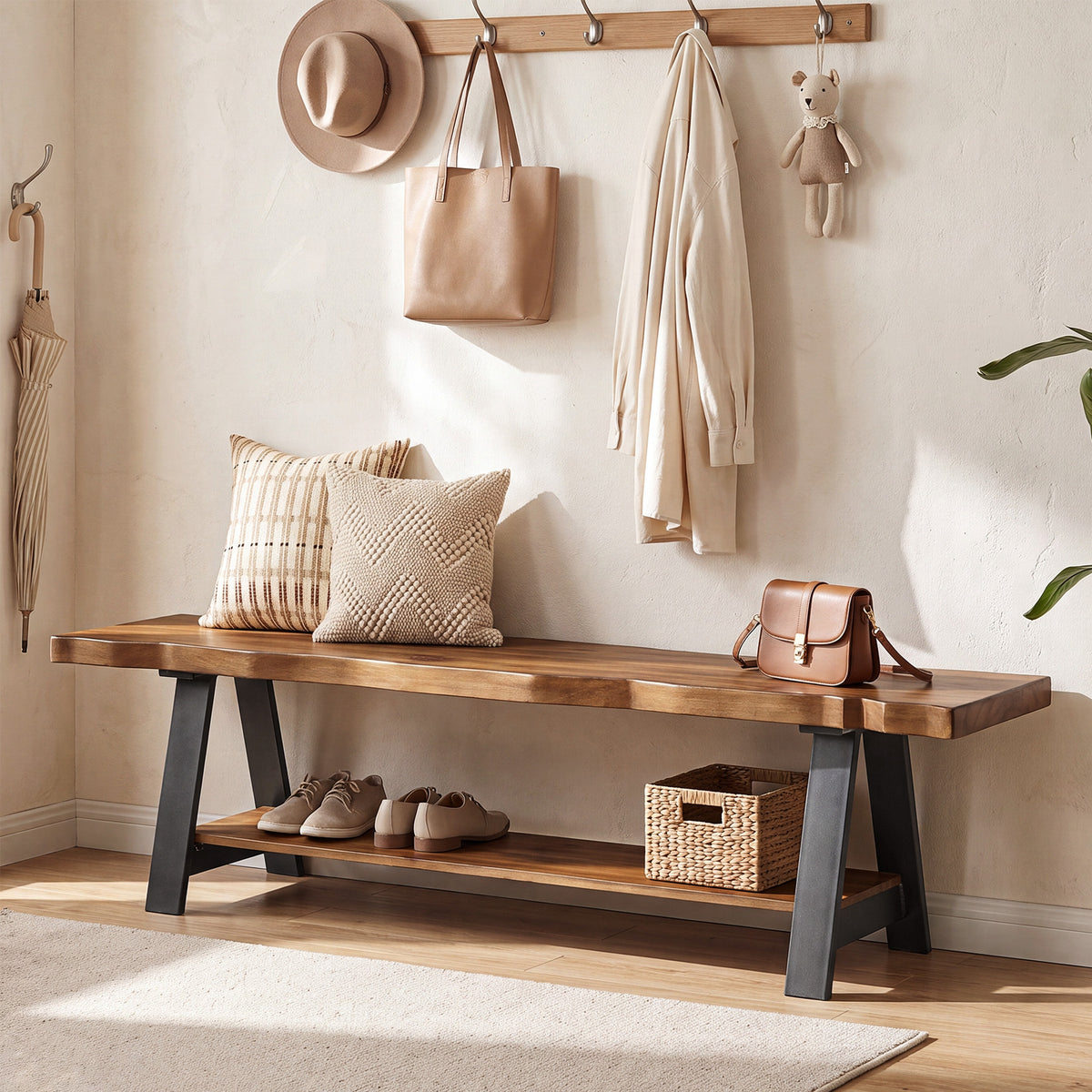 160cm Entryway Bench, Solid Wood Live Edge 2-Tier Shoe Storage Bench for Hallway Mudroom