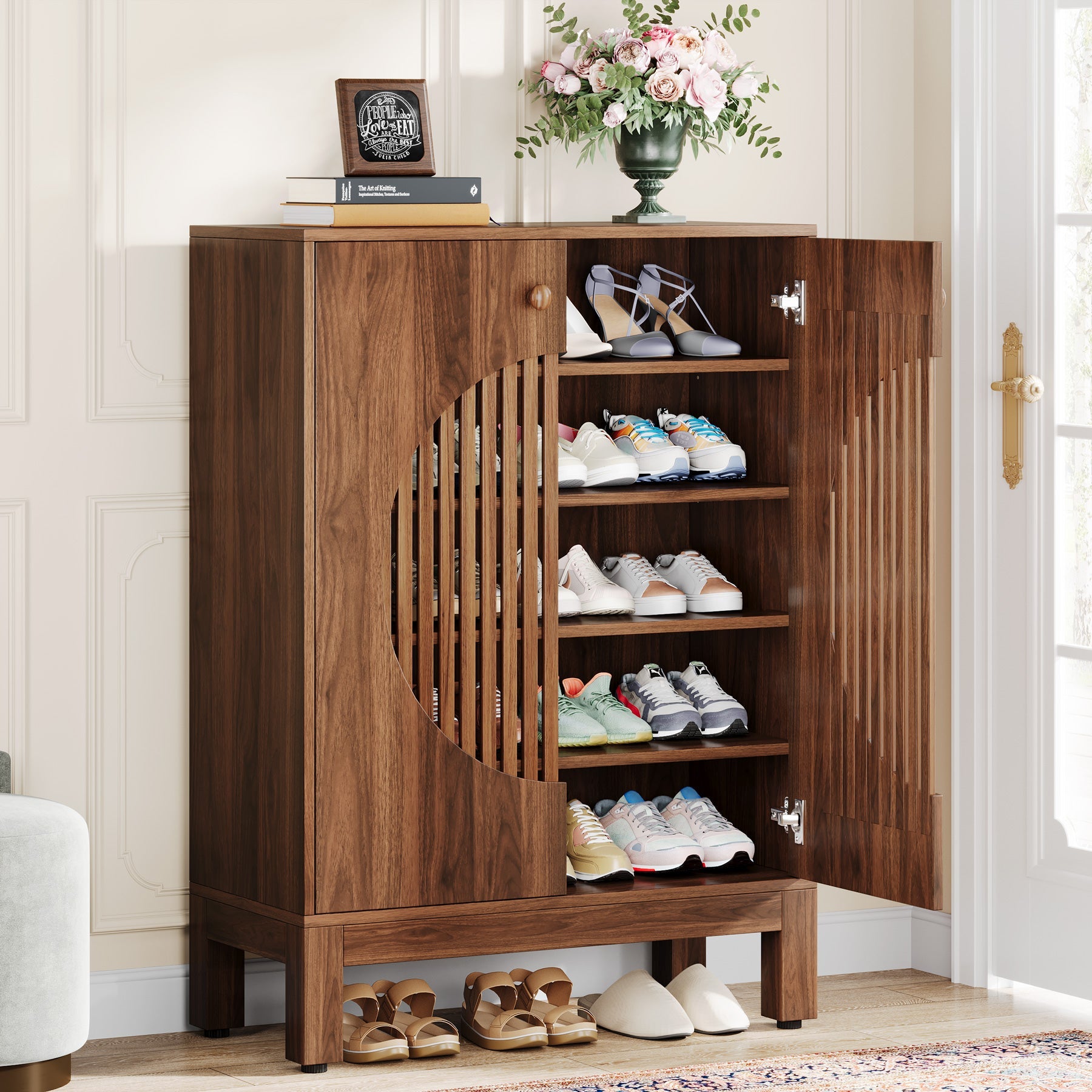 Tribesigns 5-Tier Shoe Cabinet, 20-Pair Farmhouse Shoe Storage Organizer with Round Louvered Doors for Entryway