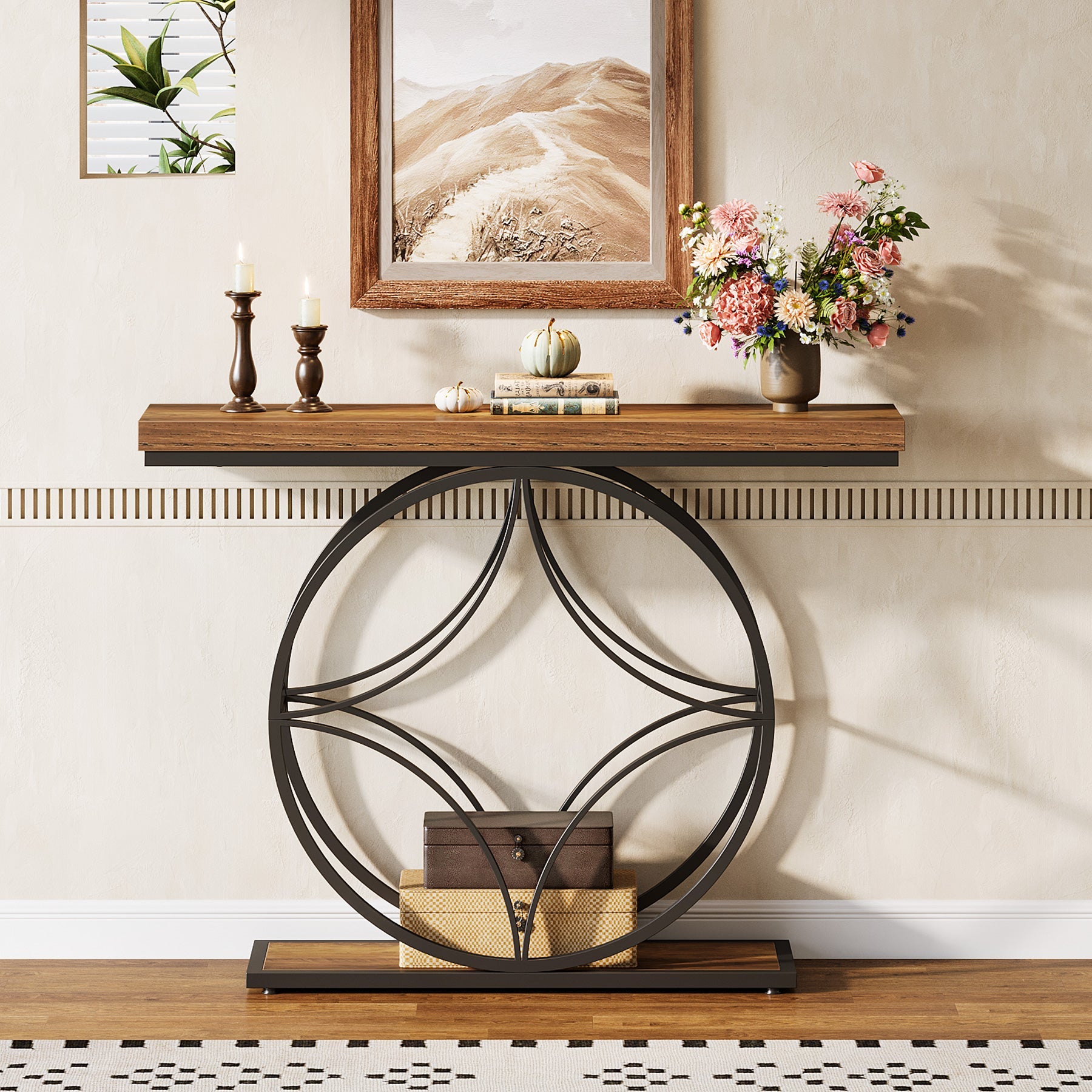 47" Console Table, Industrial 2-Tier Sofa Table with Geometric Metal Frame