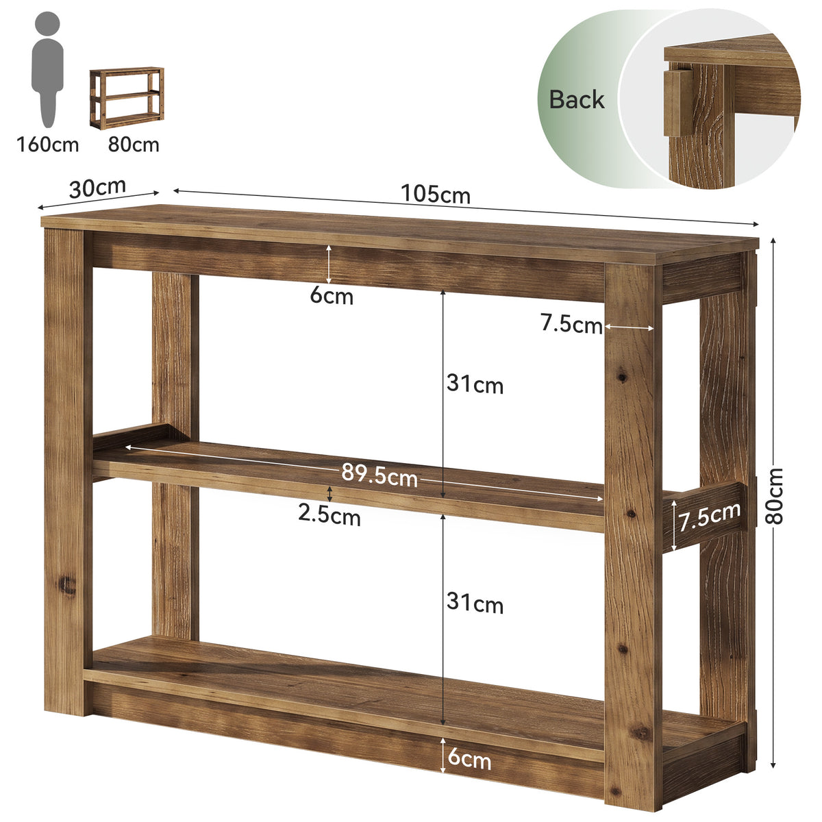 105cm Console Table, Solid Wood 3-Tier Narrow Rustic Hallway Table