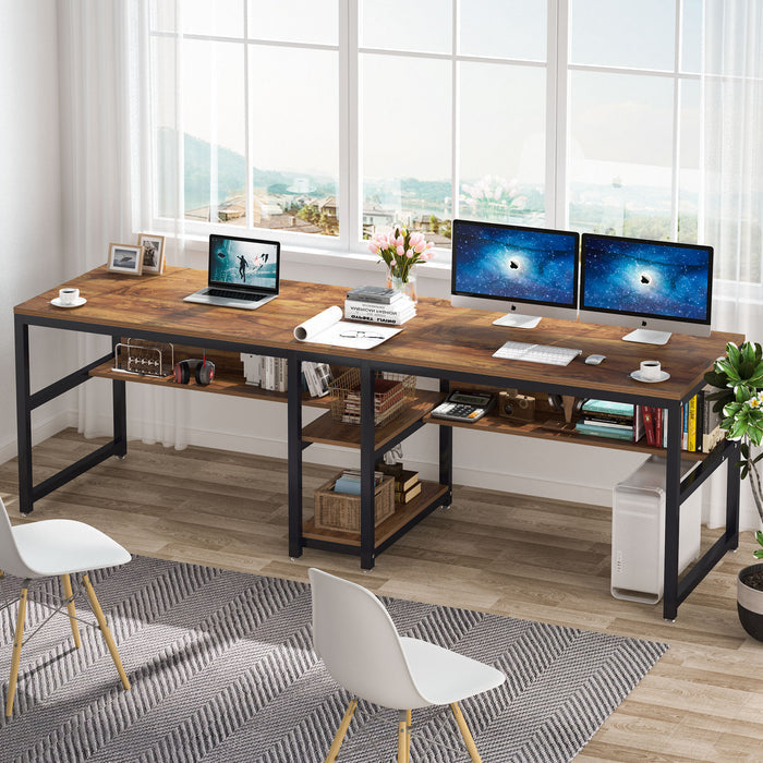 200cm Computer Desk, Rustic Double Desk with Shelves for 2 People Home Office