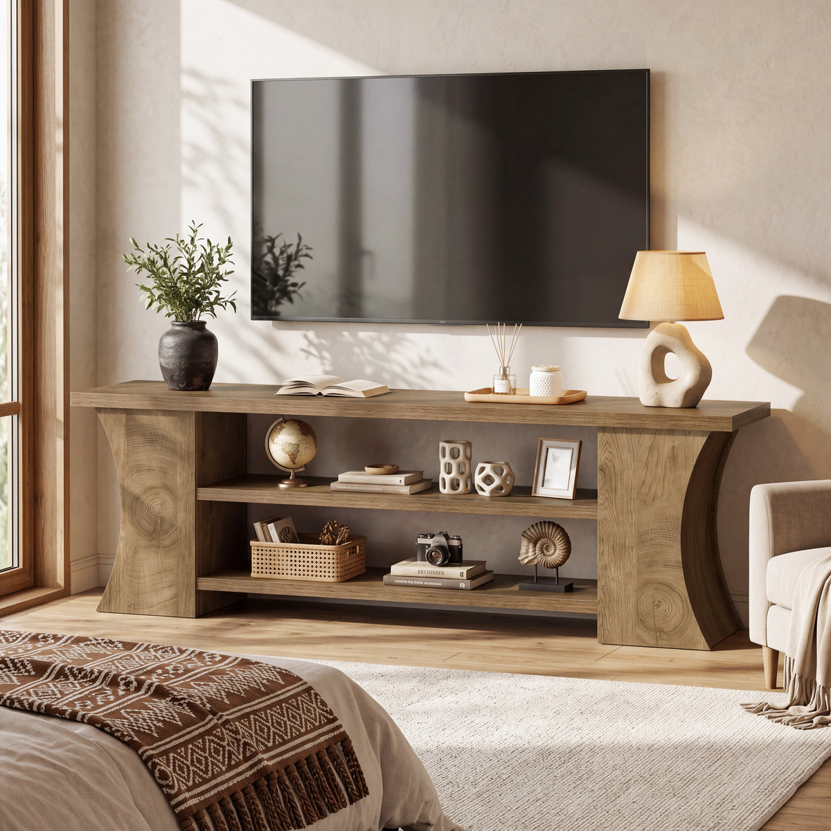 160cm TV Stand, 3-Tier Storage & Curved Legs for 75" TVs