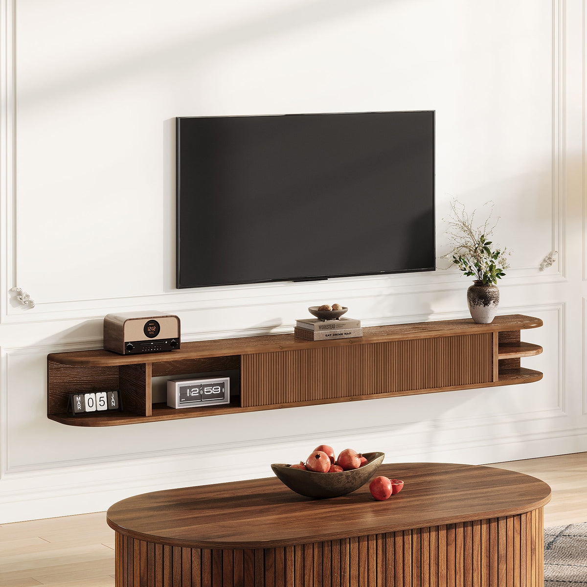 180cm Floating TV Stand, Solid Wood Media Console with Fluted Doors & Cable Management for 50-90" TVs