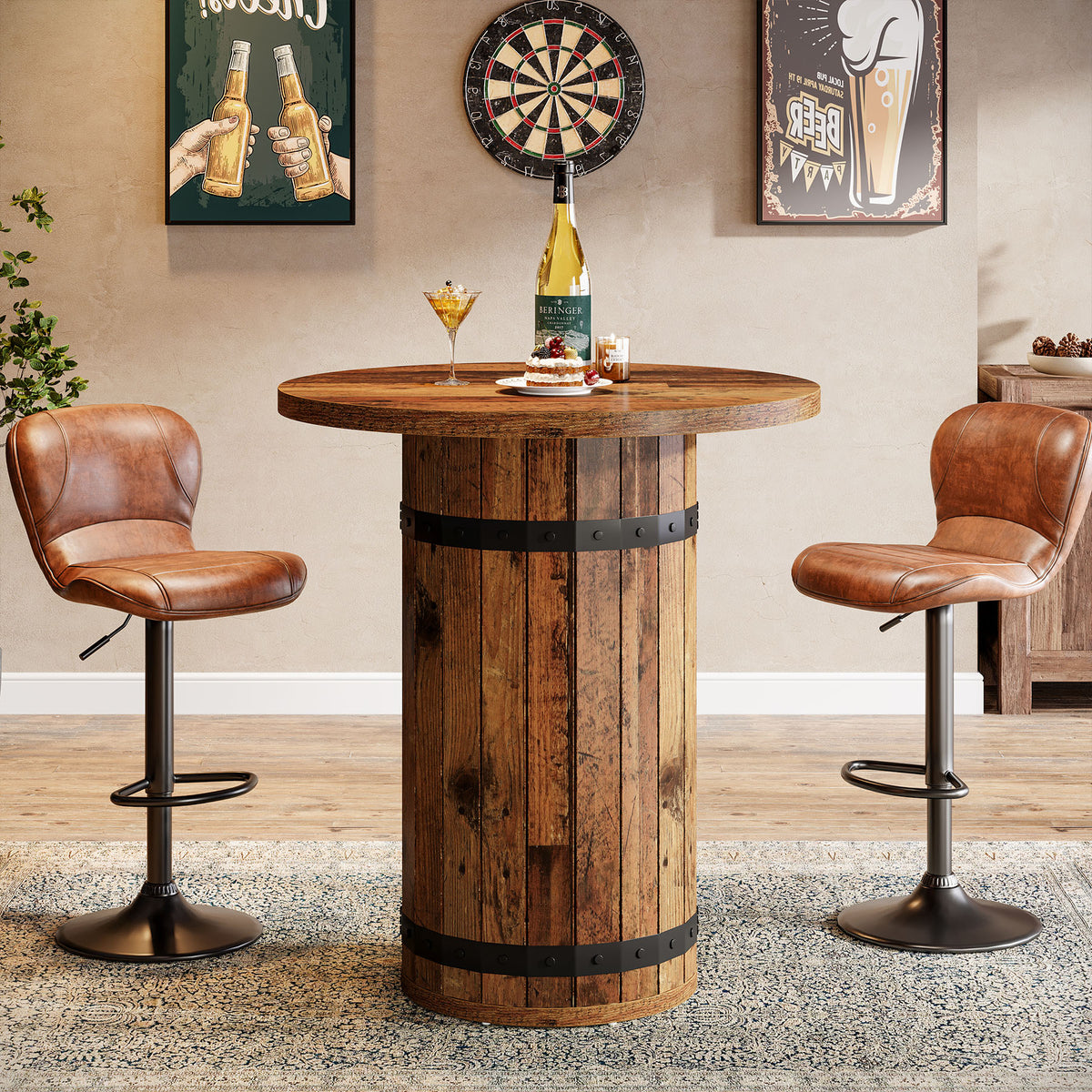 100cm Round Bar Table, Rustic Pub Table with Barrel Base for Kitchen Living Room