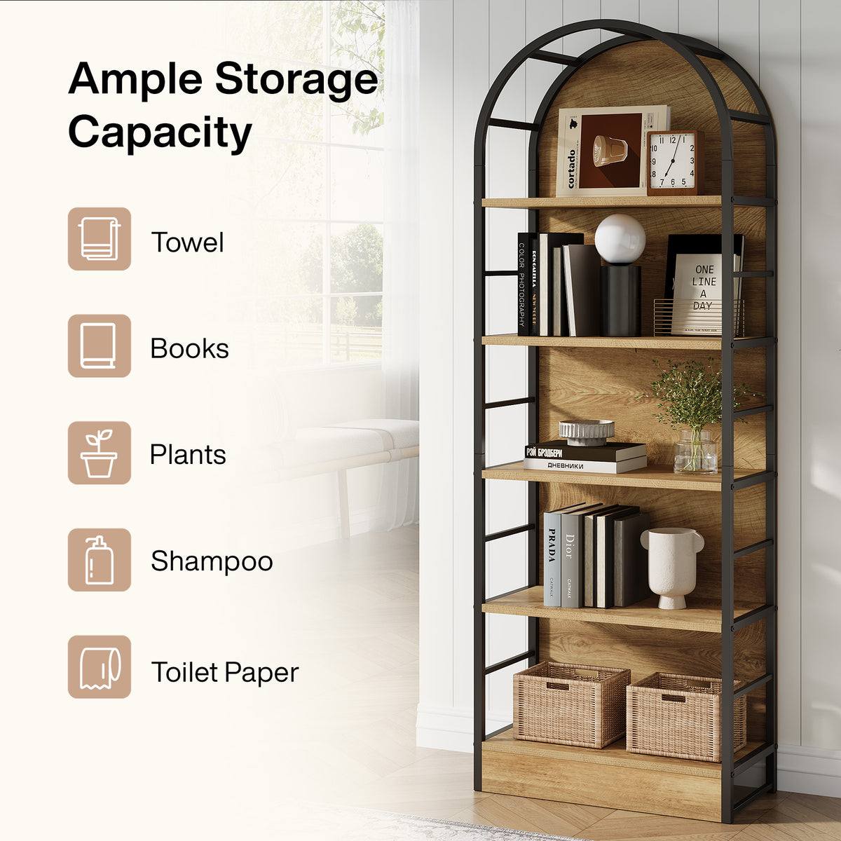 180cm Arched Bookshelf, Tall Wooden Storage Shelf for Living Room