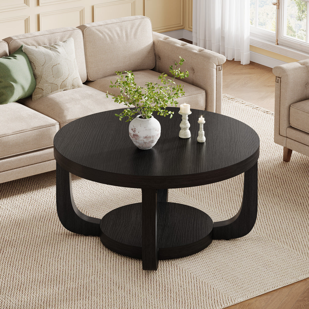 80cm Round Coffee Table, 2-Tier Storage Coffee Table for Living Room & Bedroom