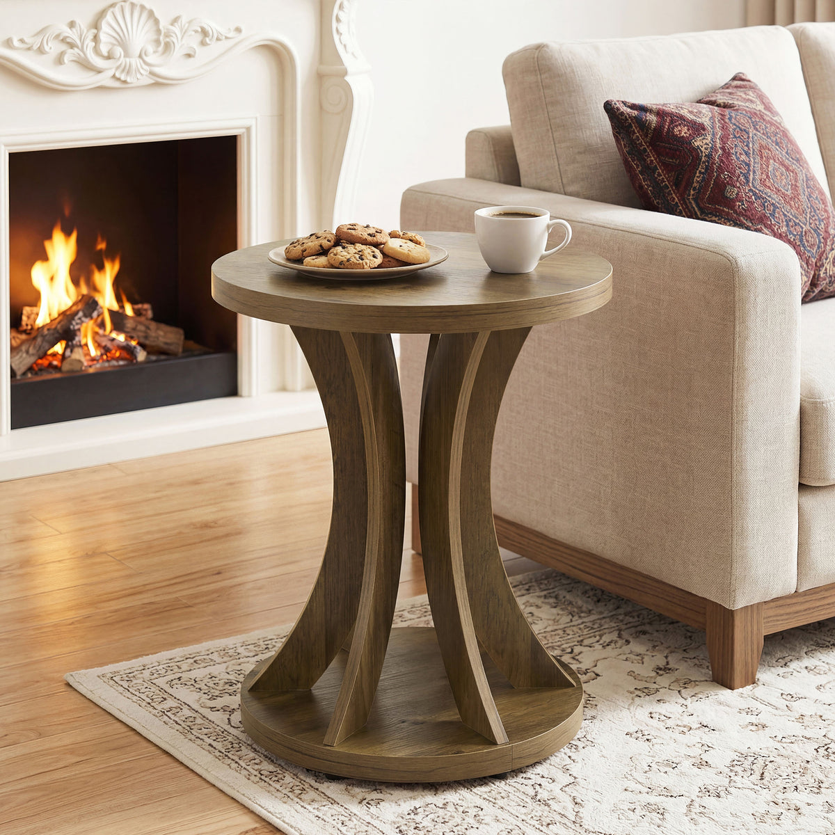 45cm Round Side Table, Farmhouse Curved End Table for Living Room