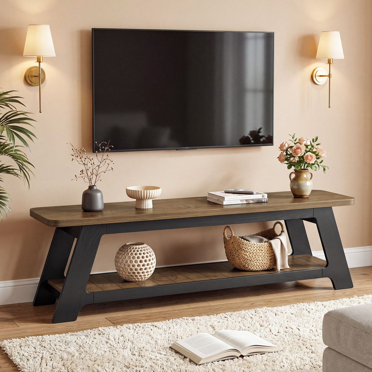 160cm TV Stand, Modern Farmhouse Media Console with Open Storage Shelf for 70" TVs