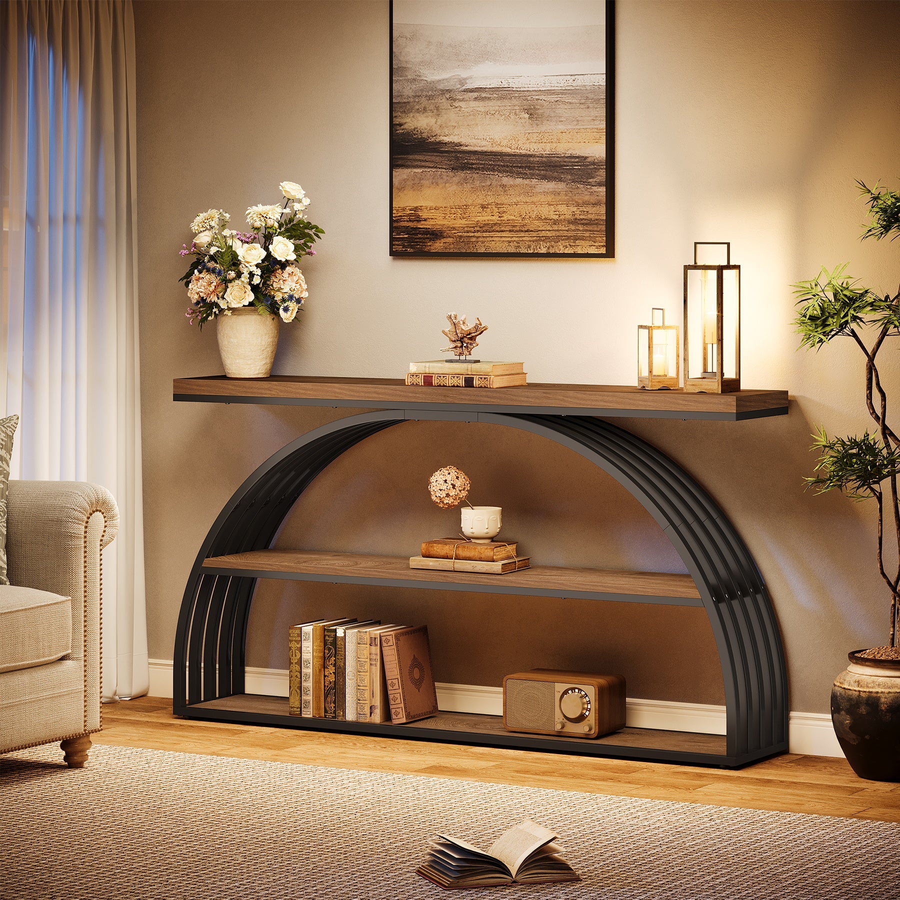 63" Console Table with 3-Tier Storage Shelves, Arched Frame Sofa Table for Living Room