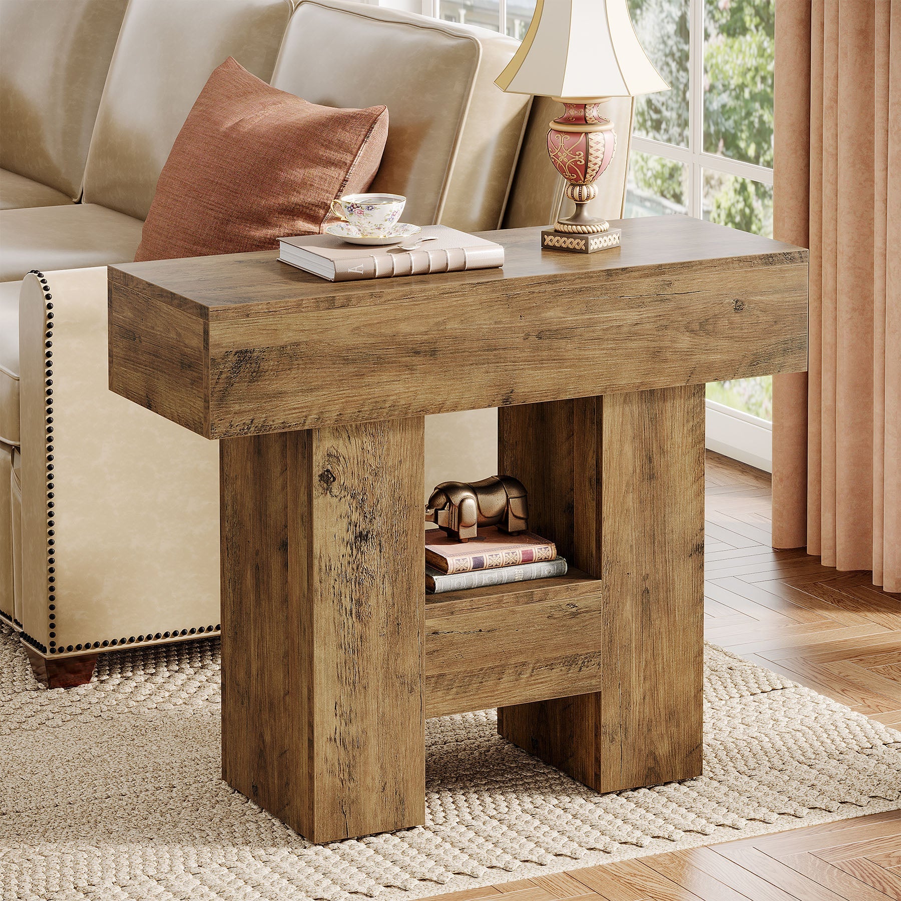 23.6" Farmhouse Narrow End Table with 2-Tier Storage Shelf, Sofa Side Table for Living Room