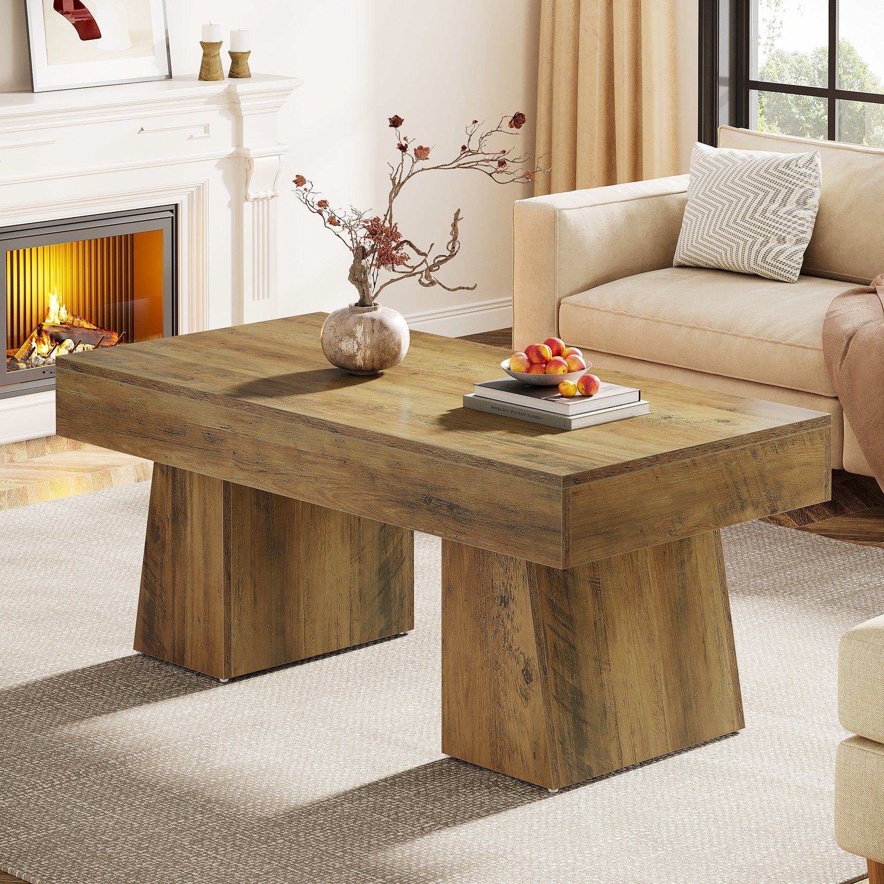 47.24" Farmhouse Coffee Table, Rectangular Center Table with Thick Base
