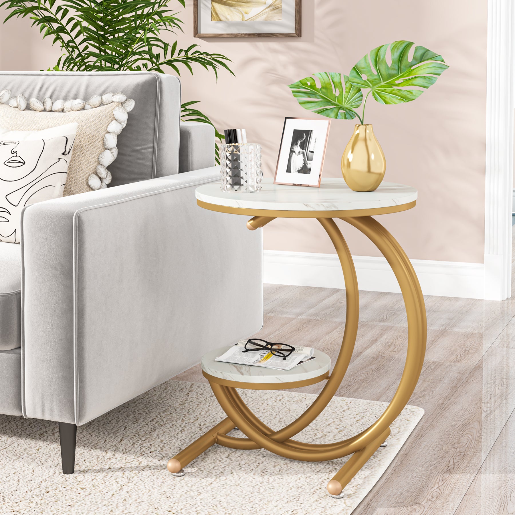 2-Tier End Table, Small Accent Side Table with C-Shaped Frame