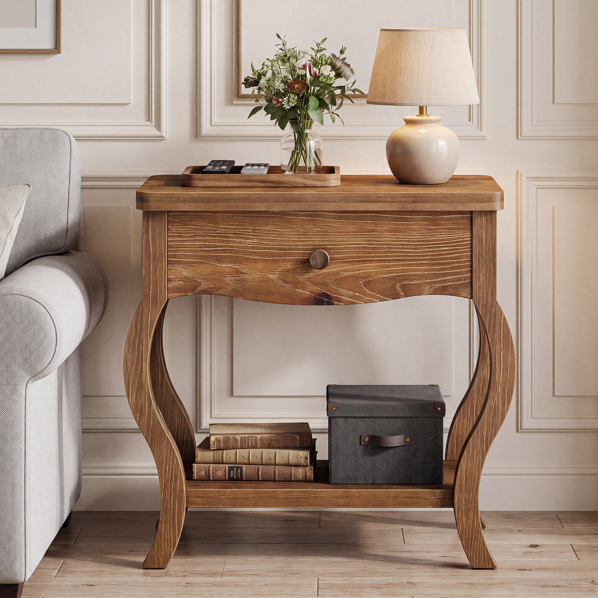 61cm End Table, Rustic Solid Wood Tall Side Table with Drawer for Living Room