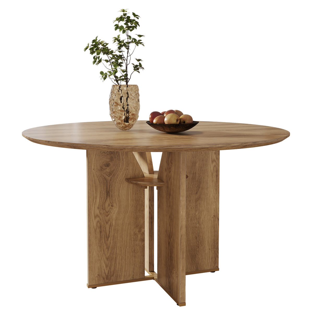 39.4" Round Dining Table, Farmhouse Kitchen Table with Storage Shelf and X-Shape Base