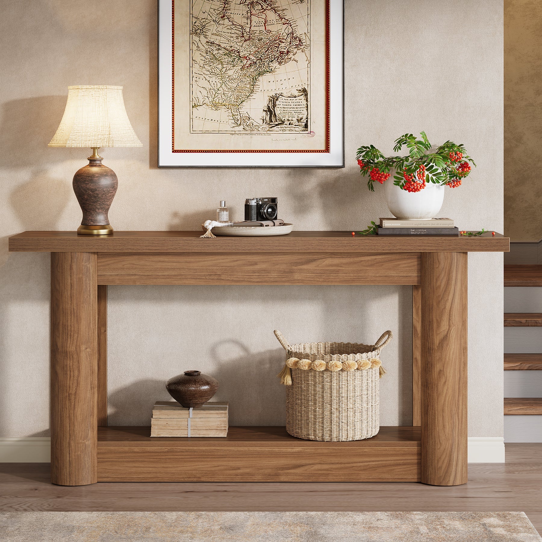 63" Farmhouse Console Table with 2-Tier Storage, Rustic Narrow Sofa Table Behind Couch