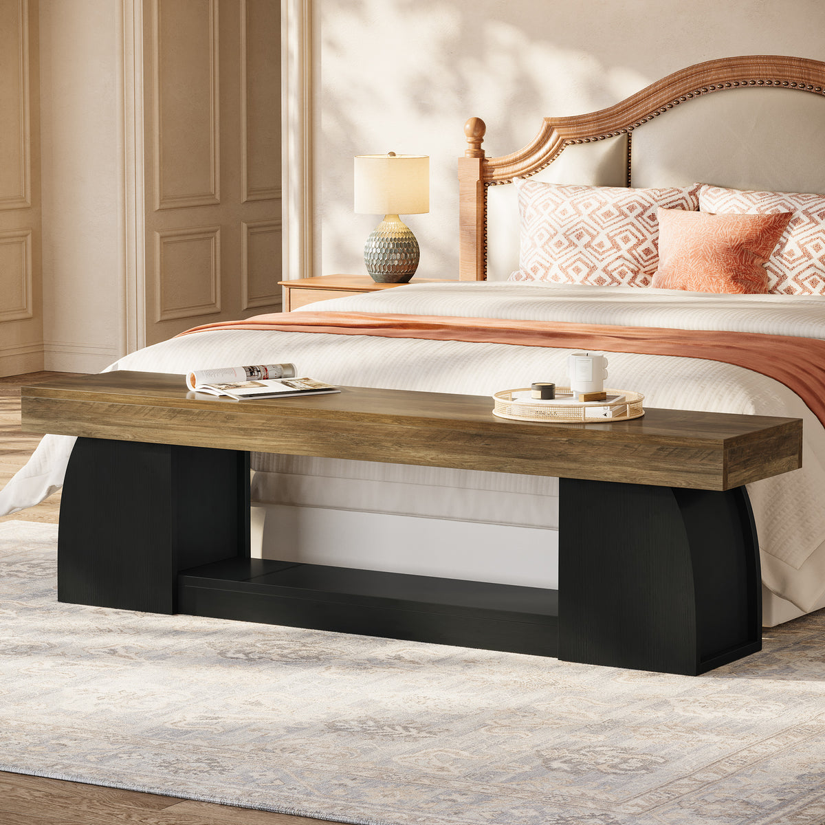 160cm Entryway Bench, 2-Tier Farmhouse End of Bed Bench with Sturdy Frame