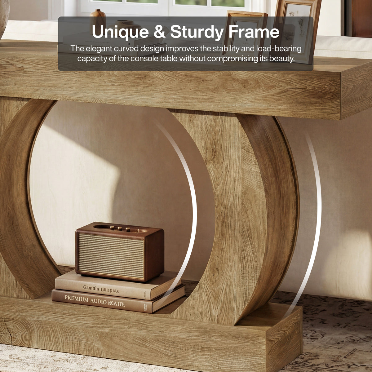 Rustic console table, 150 x 30 x 85 cm, with an open, round base,narrow two-tier hall table for hallways and living rooms