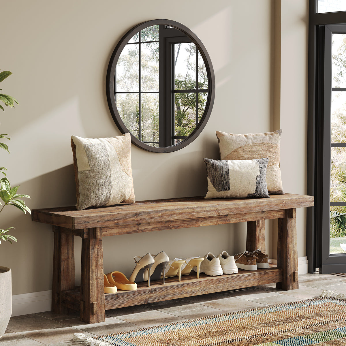 140cm Shoe Bench, Solid Wood Entryway Bench with Storage Rack