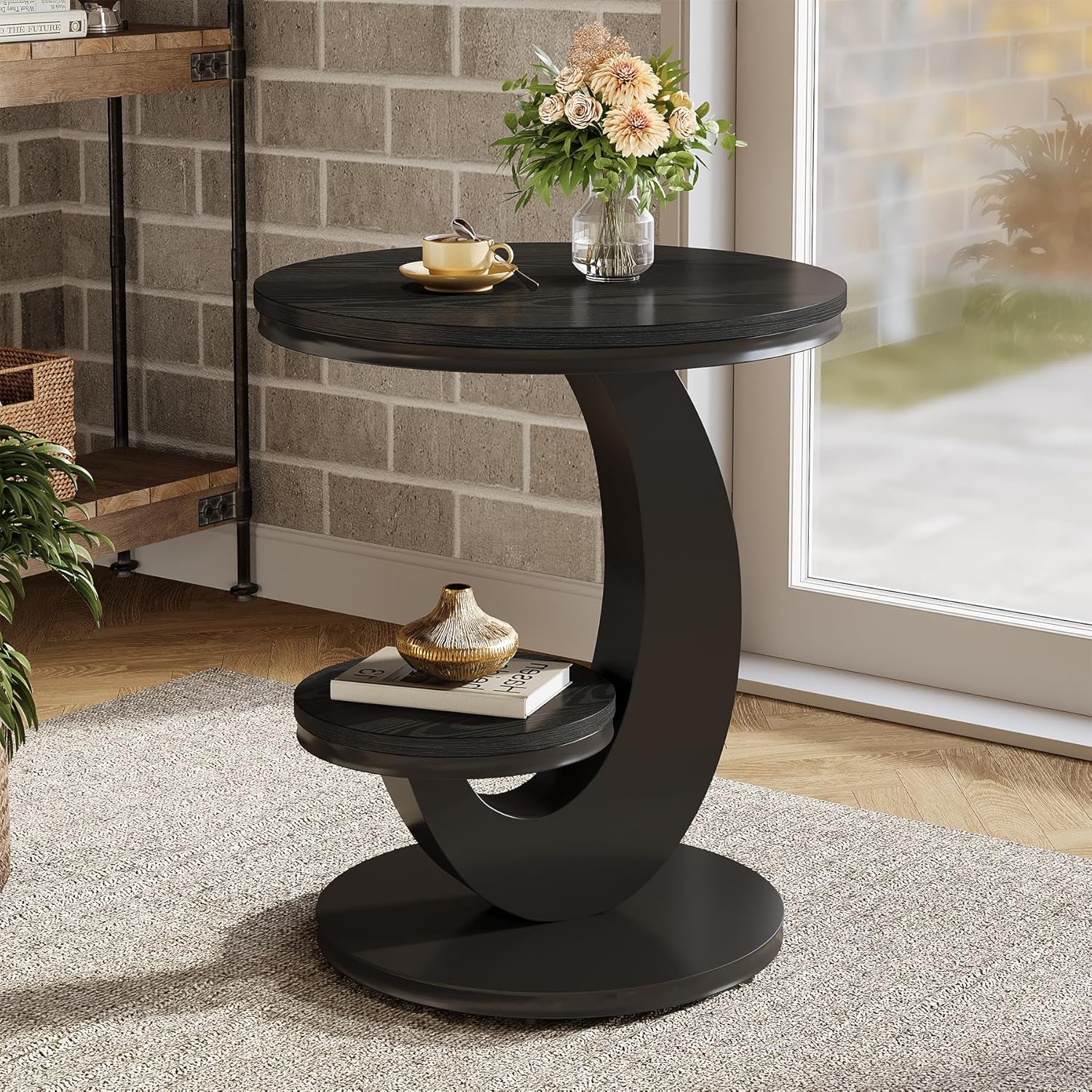 2 Tiers End Table, Sofa Side Bedside Table Nightstand with Arc-Shaped Frame
