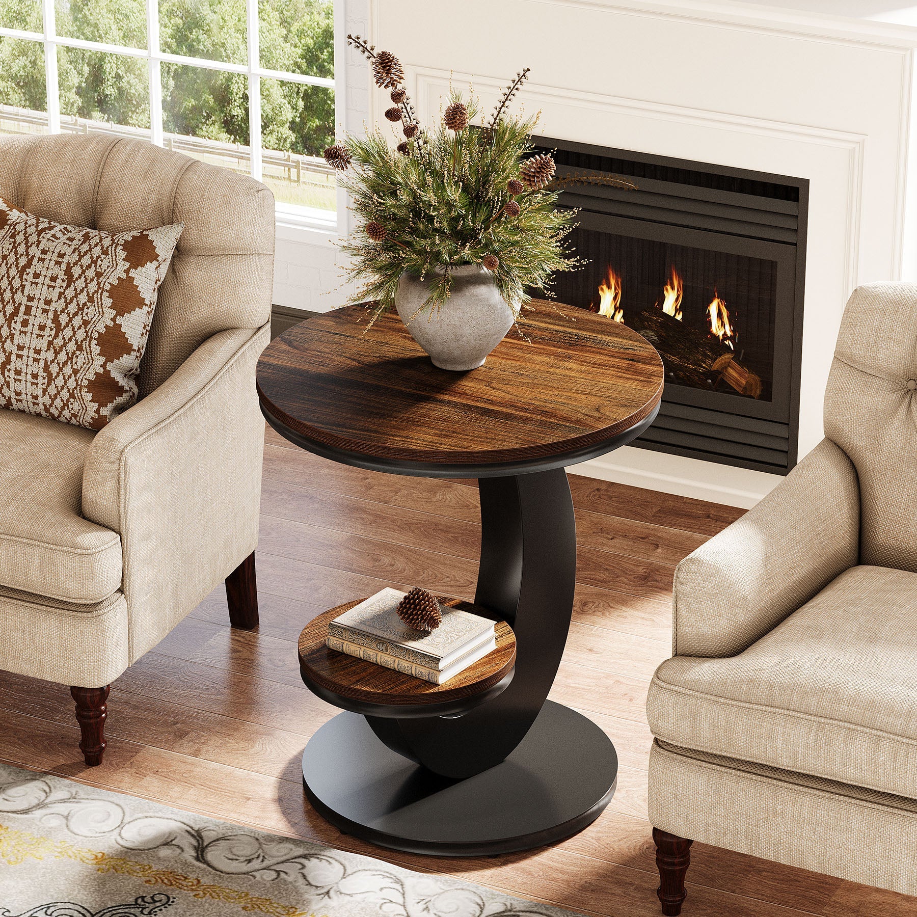2 Tiers End Table, Sofa Side Bedside Table Nightstand with Arc-Shaped Frame