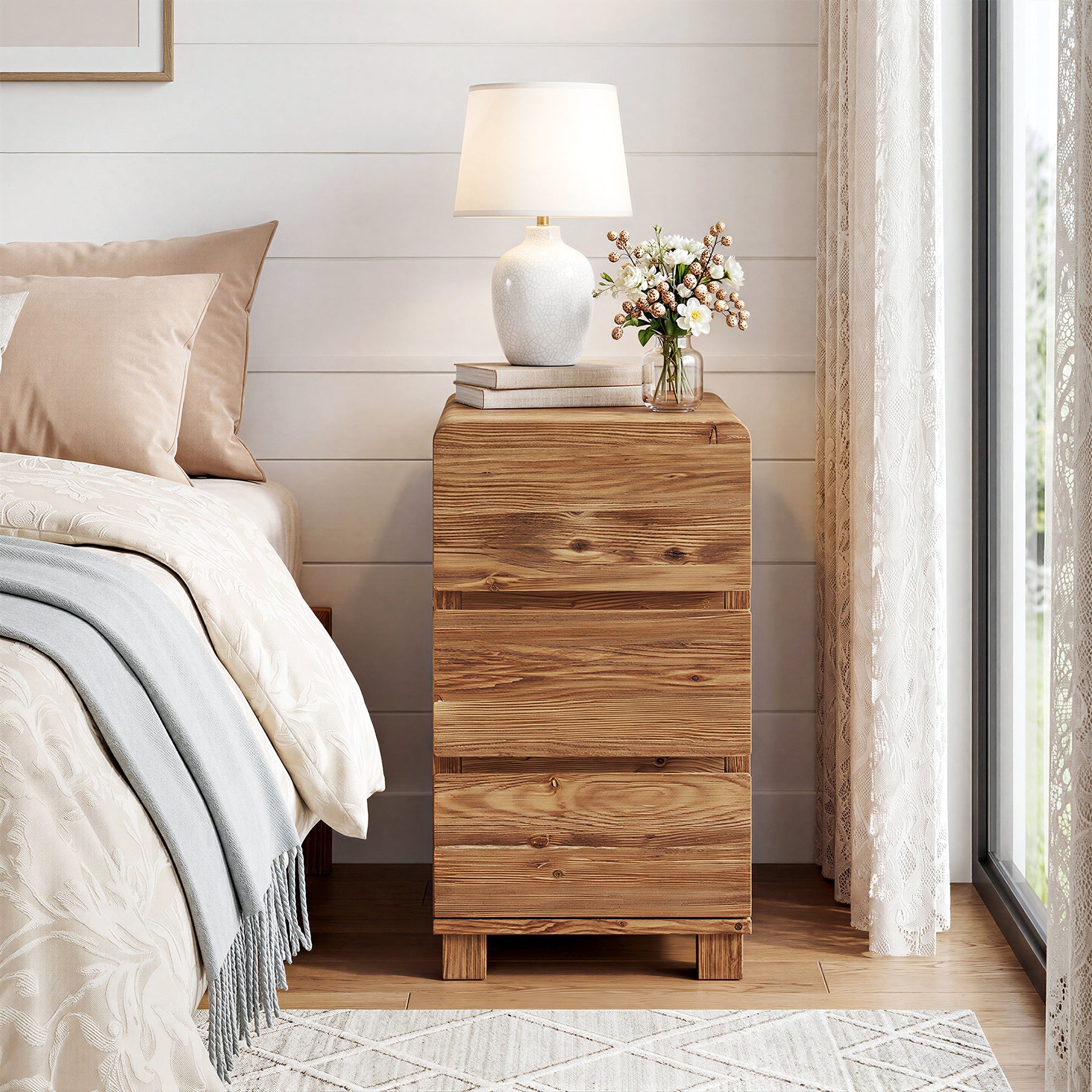 60cm 3-Drawer Nightstand, Solid Wood Bedside Table for Bedroom