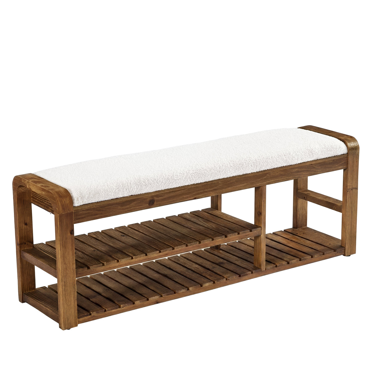 140cm Shoe Storage Bench, Solid Wood Upholstered Entryway Bench with Removable Cushion