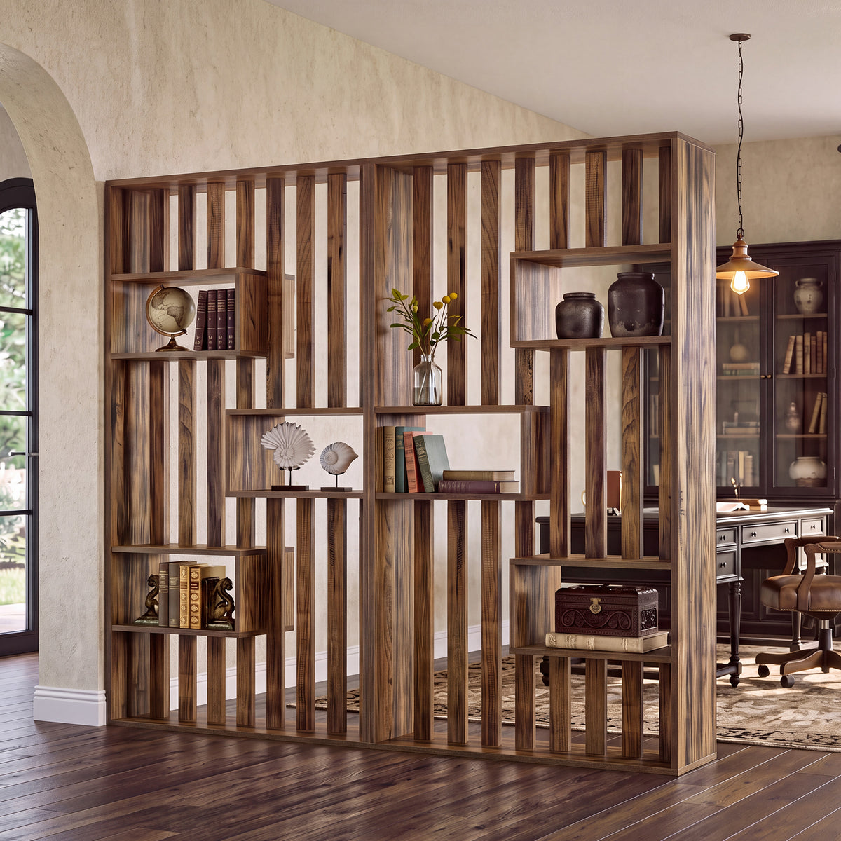 180cm Room Divider, Freestanding Slatted Partition with Built-in Shelves