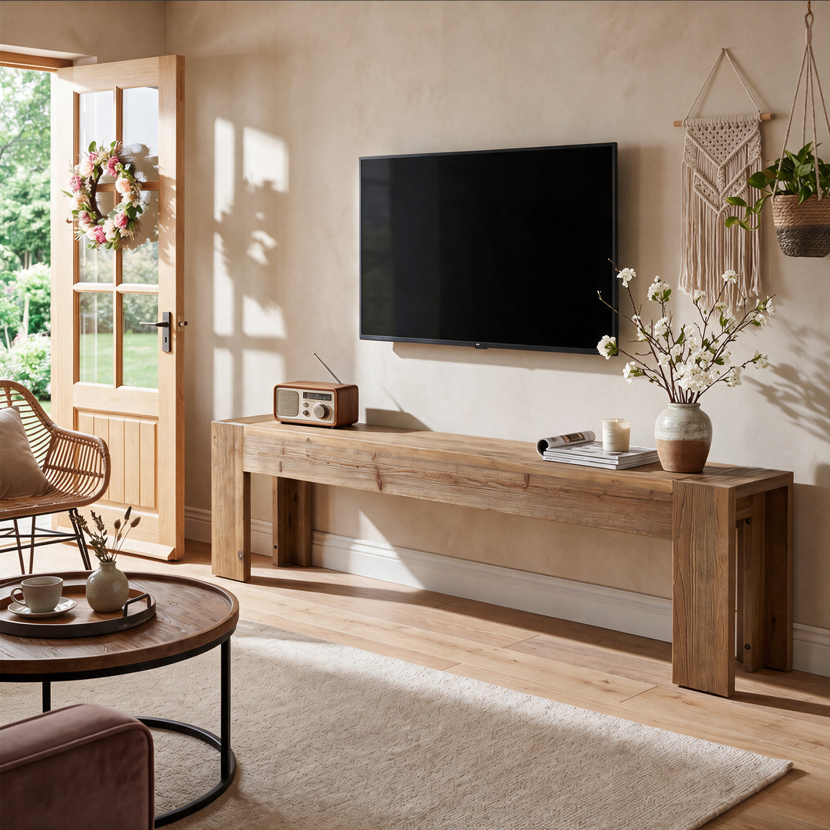 180cm TV Stand, Extra Long Solid Wood Farmhouse Entertainment Centre for Living Room