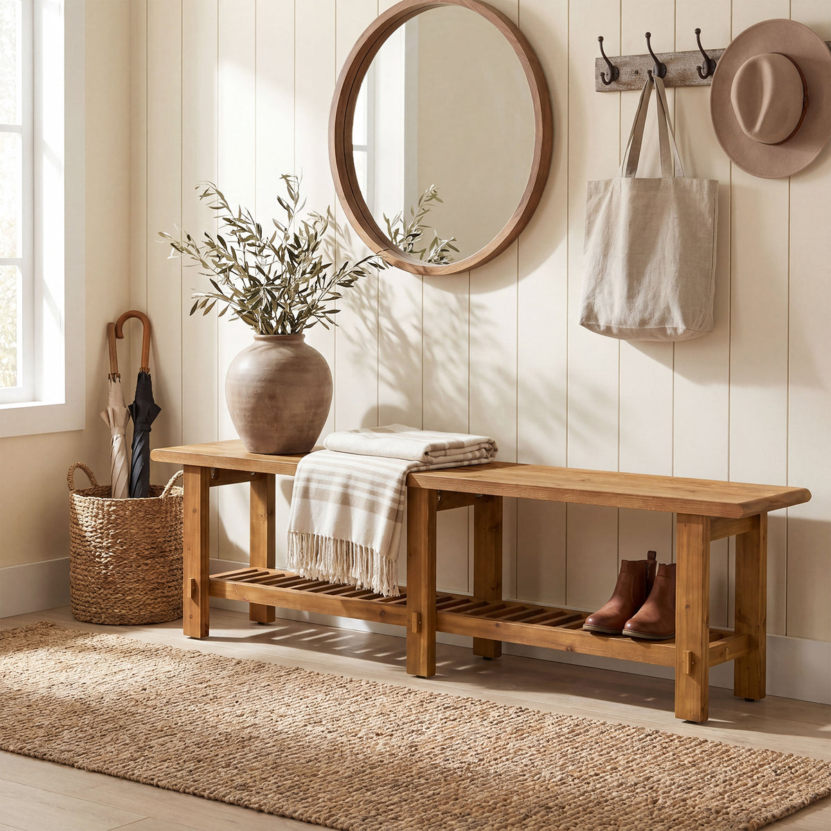 160cm Entryway Bench, Solid Wood Narrow End of Bed Bench with Shoe Storage