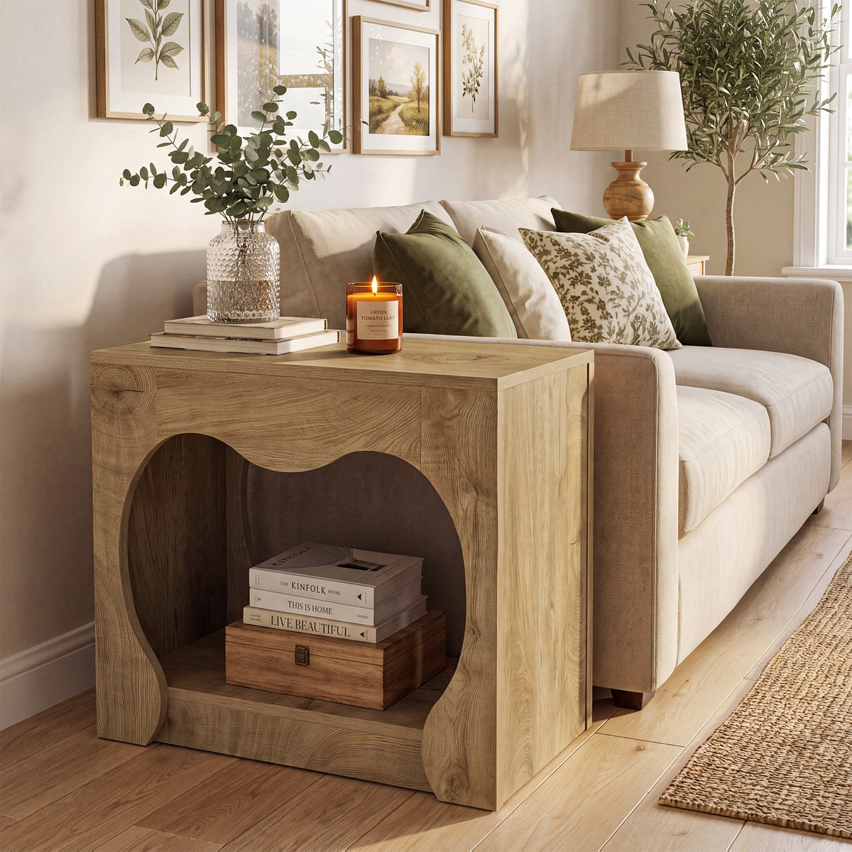 60cm End Table, 2-Tier Farmhouse Side Table with Storage Shelves & Curved Arch