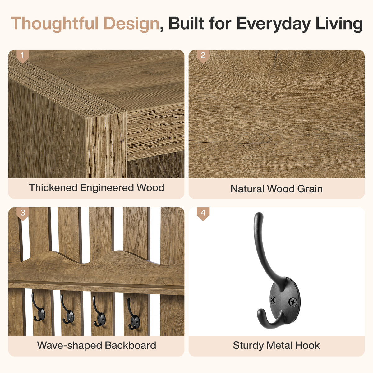 182cm Hall Tree, Farmhouse Entryway Storage with Bench & 4 Coat Hooks