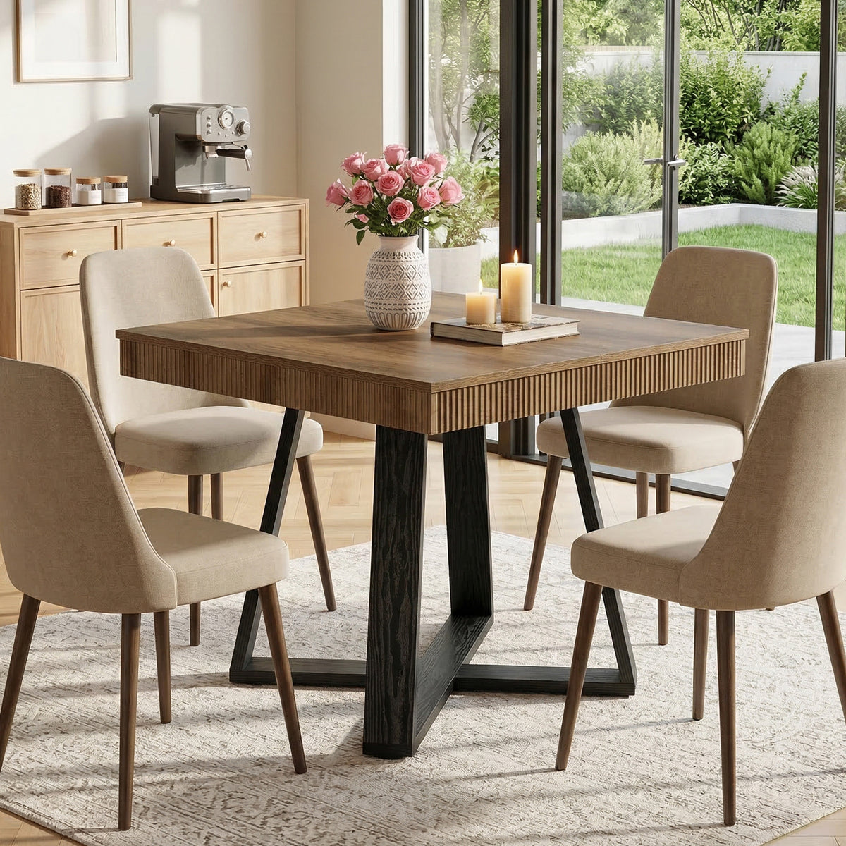 80cm Square Dining Table, Fluted Edge Small Kitchen Table for 4