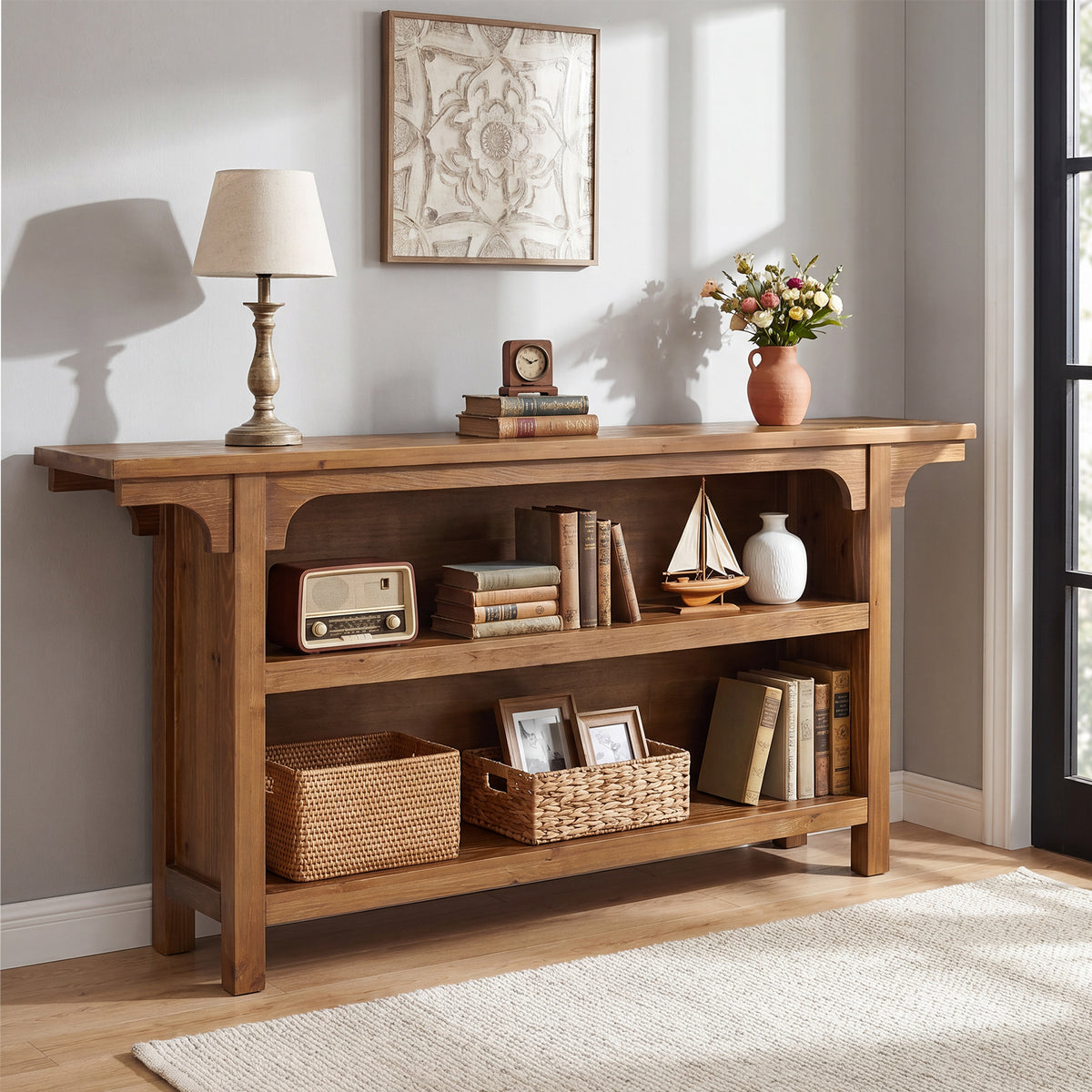 160cm Console Table, 3-Tier Narrow Hallway Table with Storage