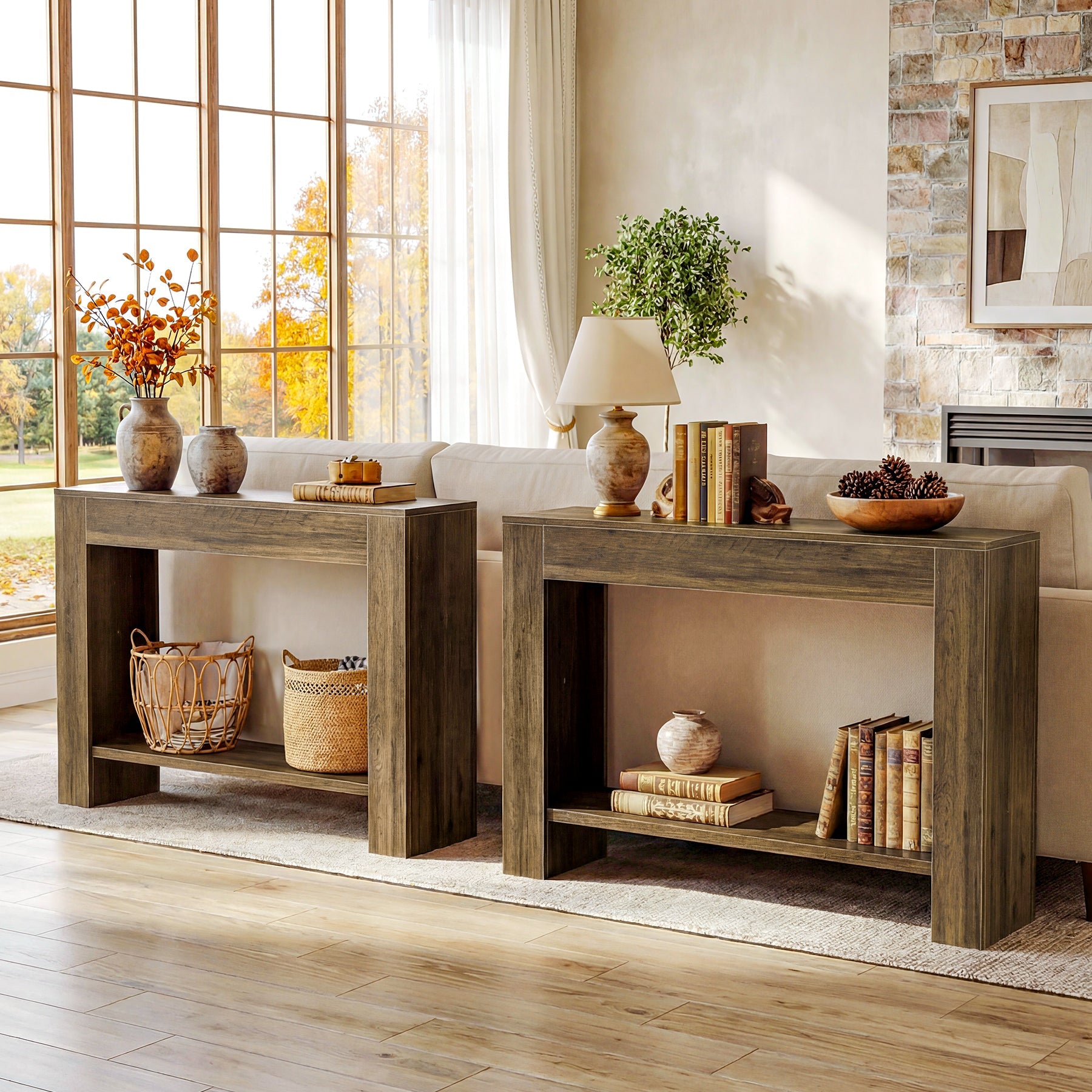 105cm Farmhouse Console Table with 2-Tier Shelf, Narrow Entryway Sofa Table with Storage