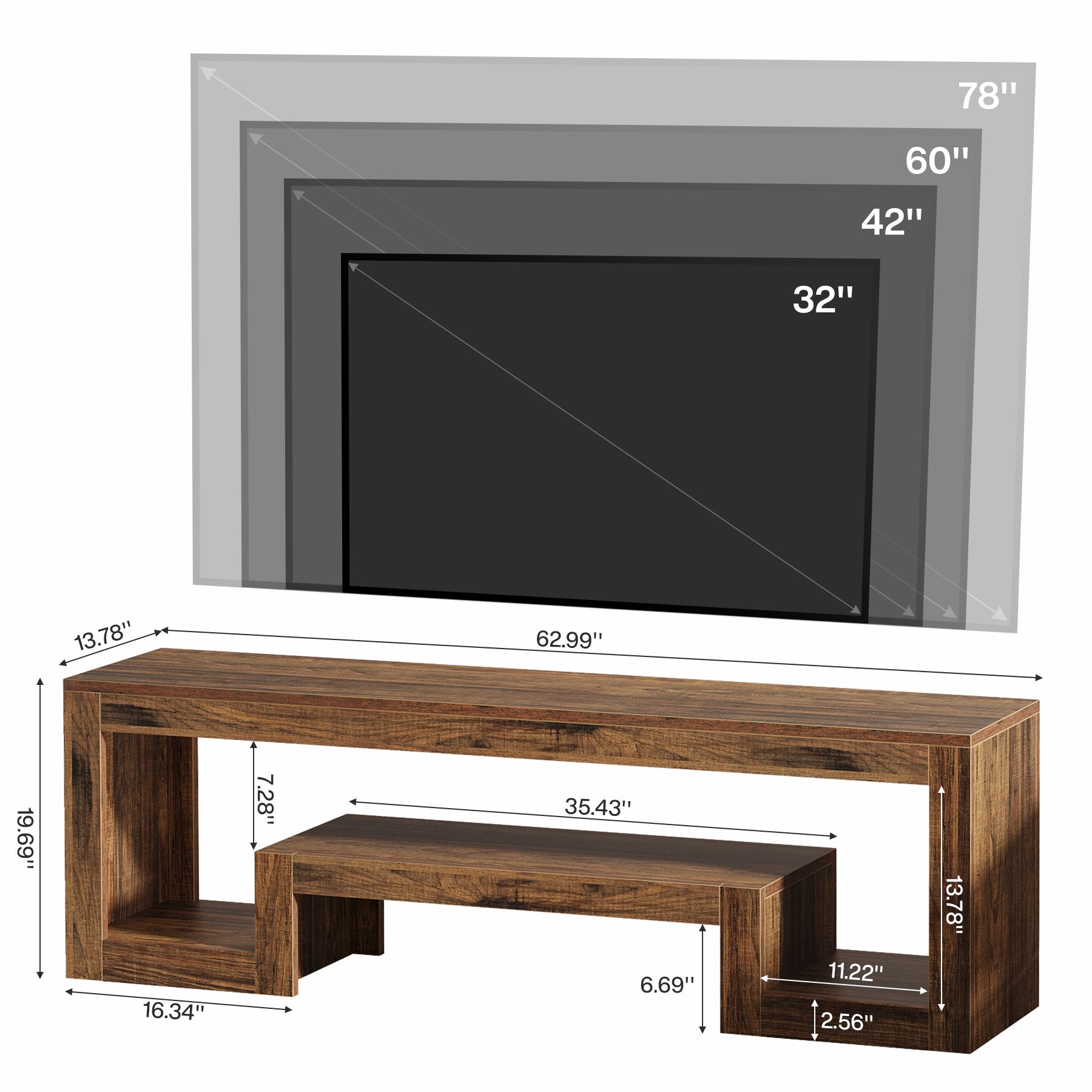 63” TV Stand, Farmhouse Entertainment Center with Open Storage Shelves for Living Room