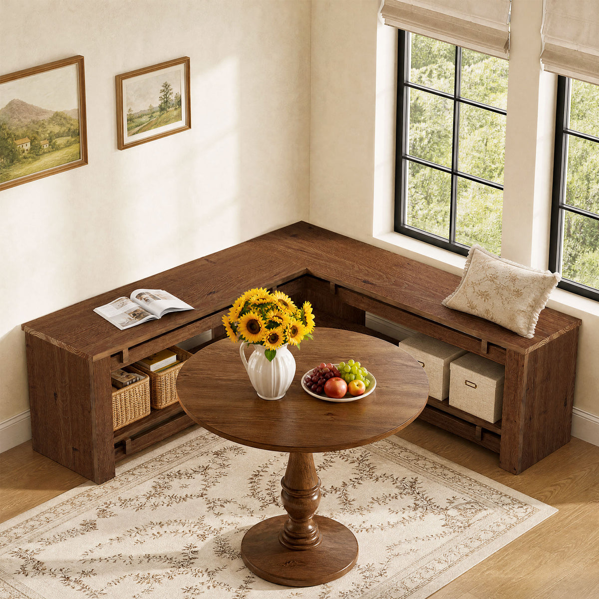 120cm L-Shaped Corner Dining Bench, Rustic Solid Wood with Storage Shelf for Breakfast Nook