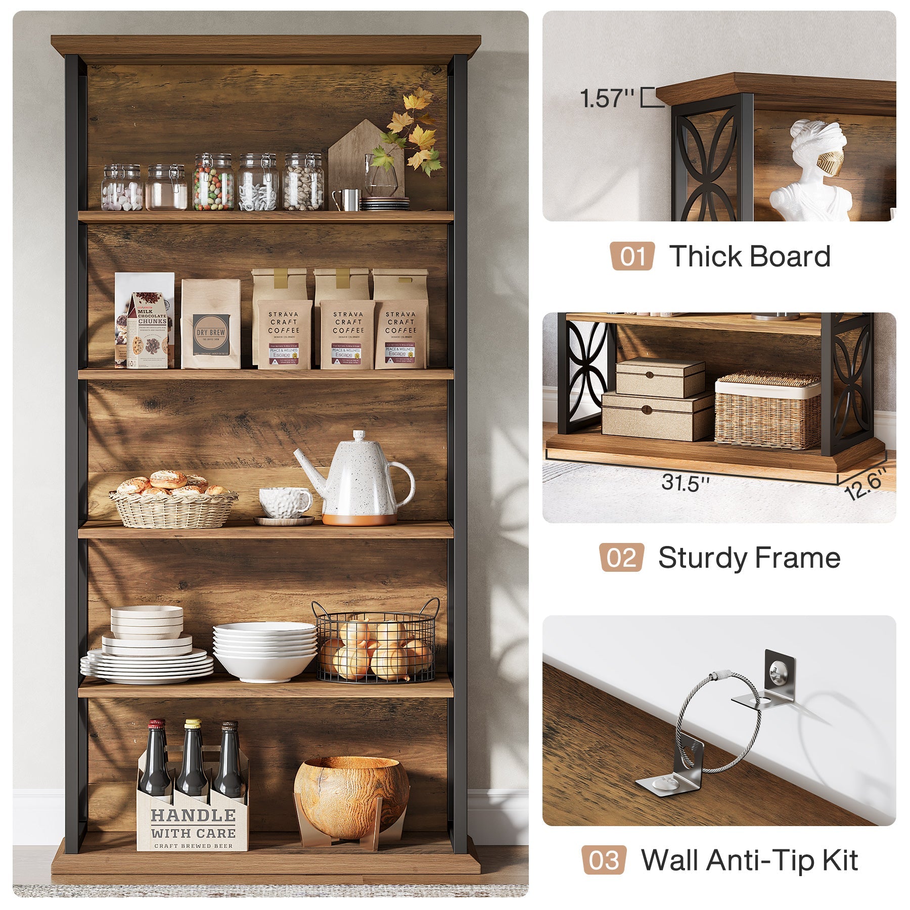 71" 6-Tier Bookshelf, Open Storage Bookcase with Metal Frame for Office