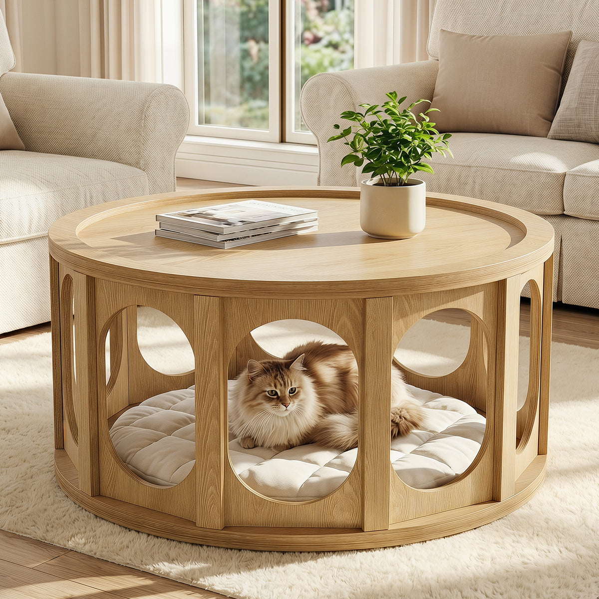 80 cm Round Coffee Table with Tray Top,Mid-Century Modern Accent Table for Living Room – Rustic Brown.