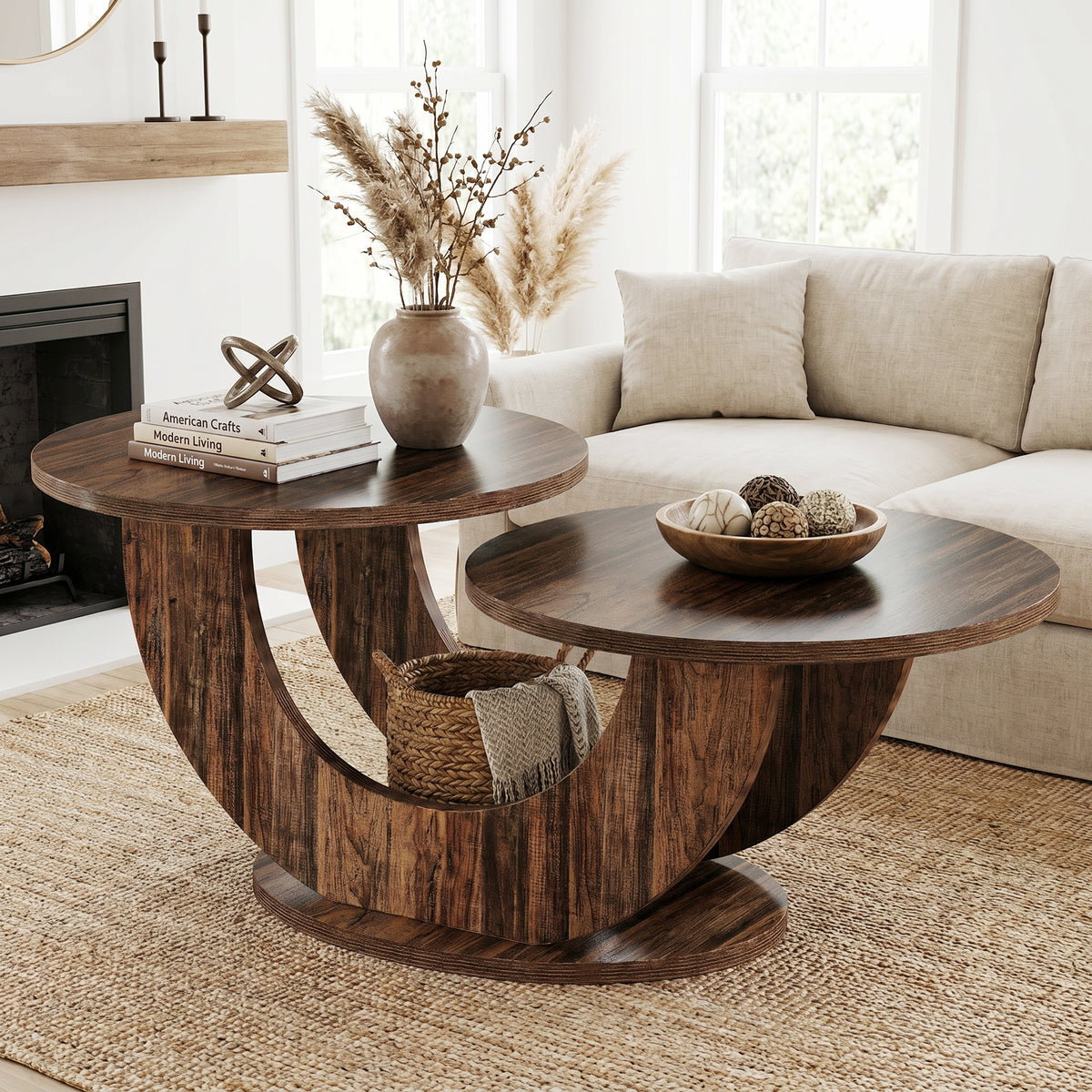 45" Modern Coffee Table, 2-Tier Accent Center Cocktail Table with U-Shaped Frame