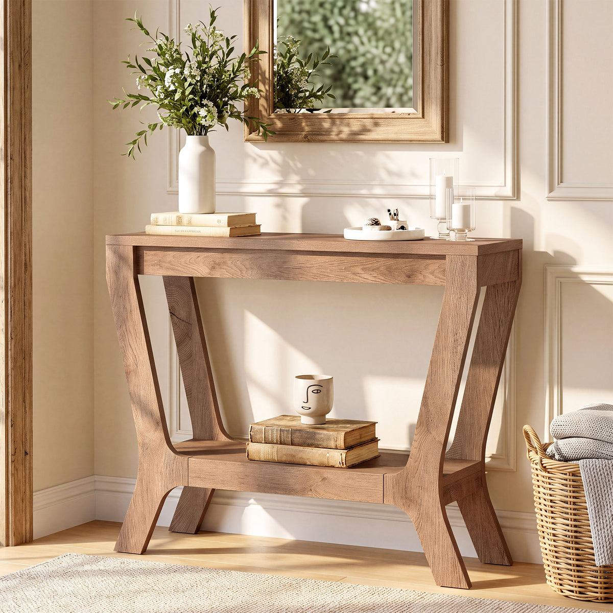 104cm Console Table, Farmhouse Rectangular Entryway Table with 2-Tier Storage