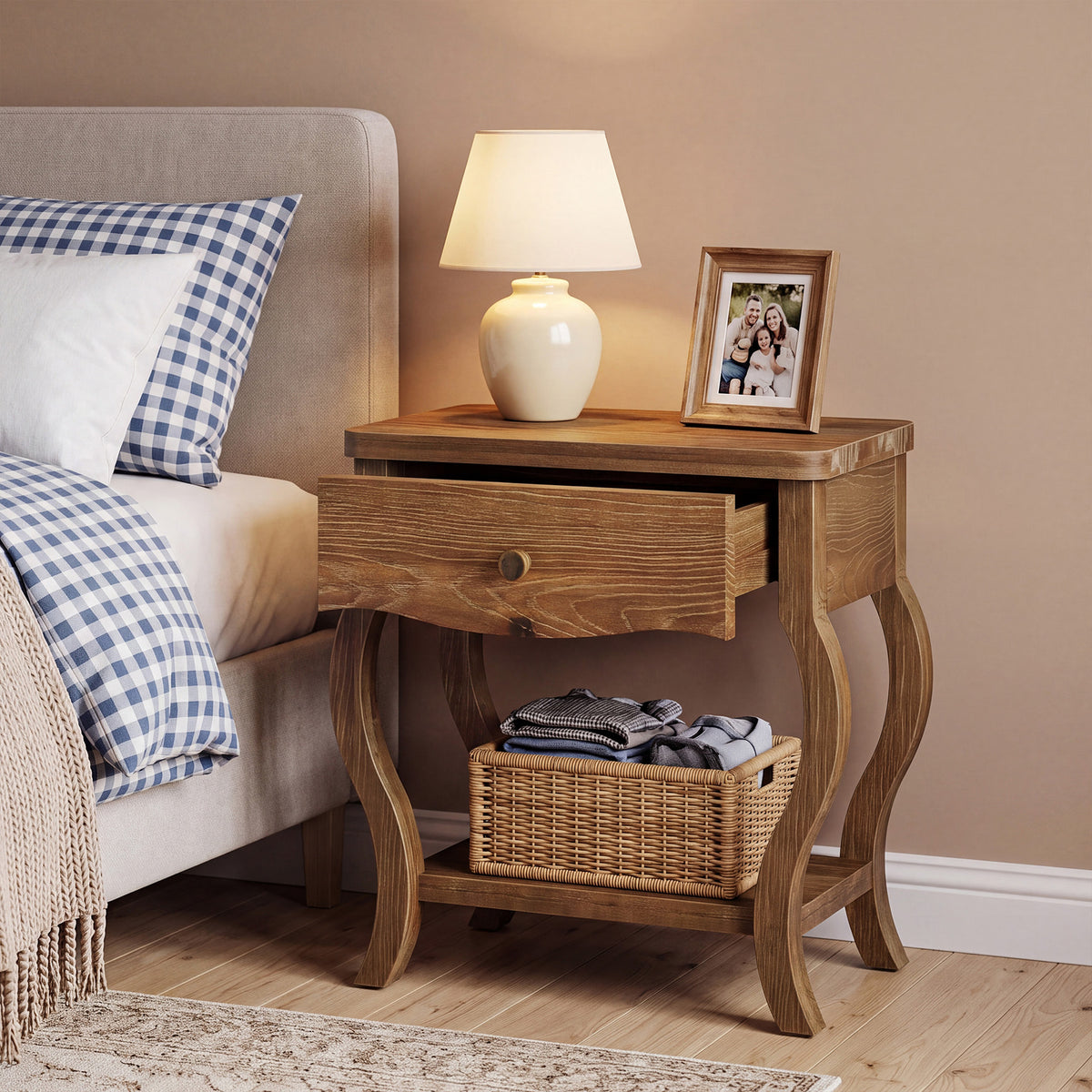 61cm Nightstand, Rustic Solid Wood Bedside Table with Drawer & Shelf