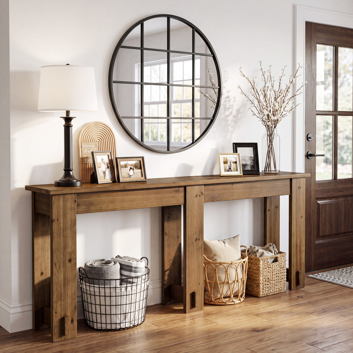 200cm Console Table, Extra Long Solid Pine Bench Table with 6 Legs