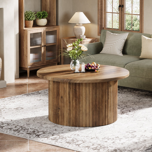 Tribesigns Round Coffee Table, Fluted Drum Base for Living Room