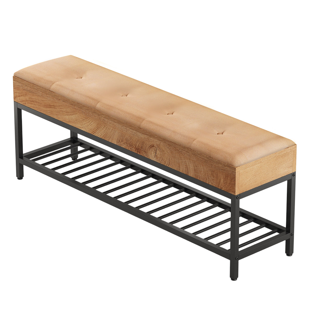 140cm Shoe Bench, 2-Tier Entryway Bench with Cushion & Metal Frame