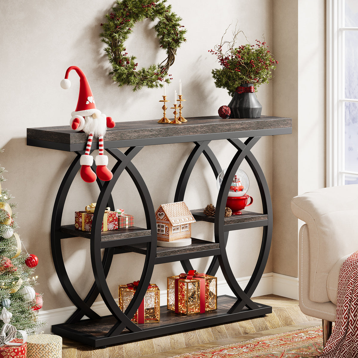 39.4" Console Table, 4-Tier Narrow Sofa Table with Metal Frame & Storage