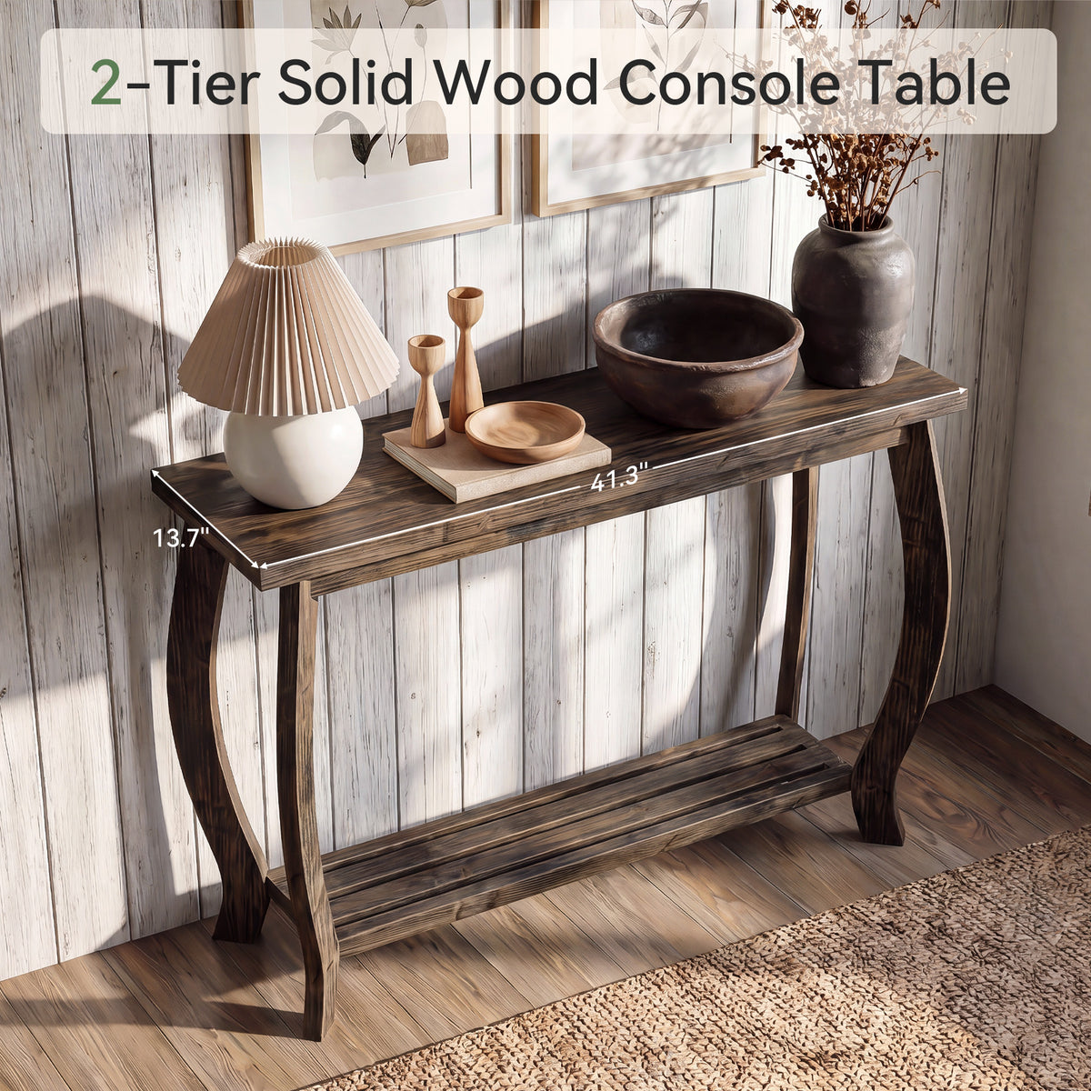 105cm Console Table, Solid Wood Farmhouse Entryway Table with Curved Legs & Shelf