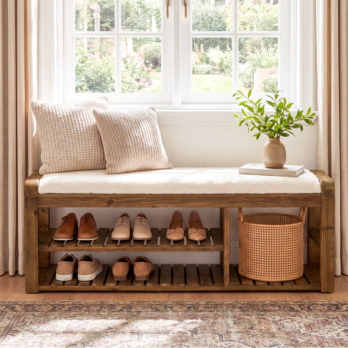 140cm Shoe Storage Bench, Solid Wood Upholstered Entryway Bench with Removable Cushion